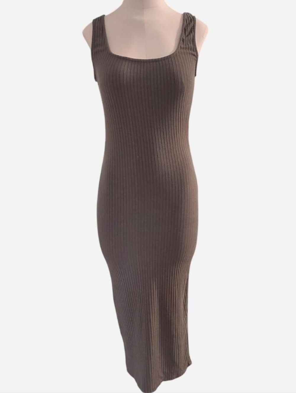 Zara Ribbed Square-Neck Midi Dress in Khaki Green